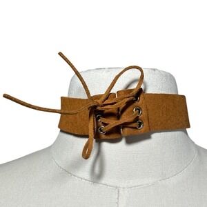 VTG Tan Faux Suede Lace Up Choker Necklace Gold Tone Hardware Boho Western 90s